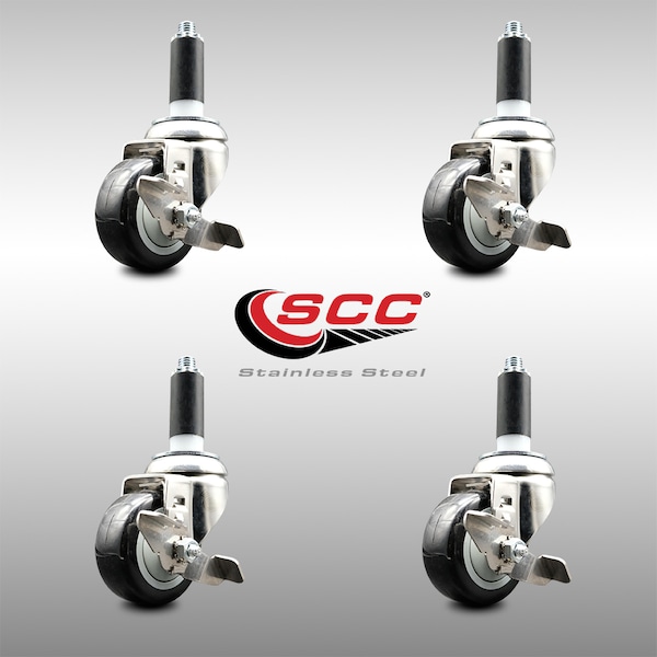 Service Caster 3.5 Inch 316SS Black Poly Swivel 1 Inch Expanding Stem Caster Set Brake SCC SCC-SS316EX20S3514-PPUB-BLK-TLB-1-4 - main
